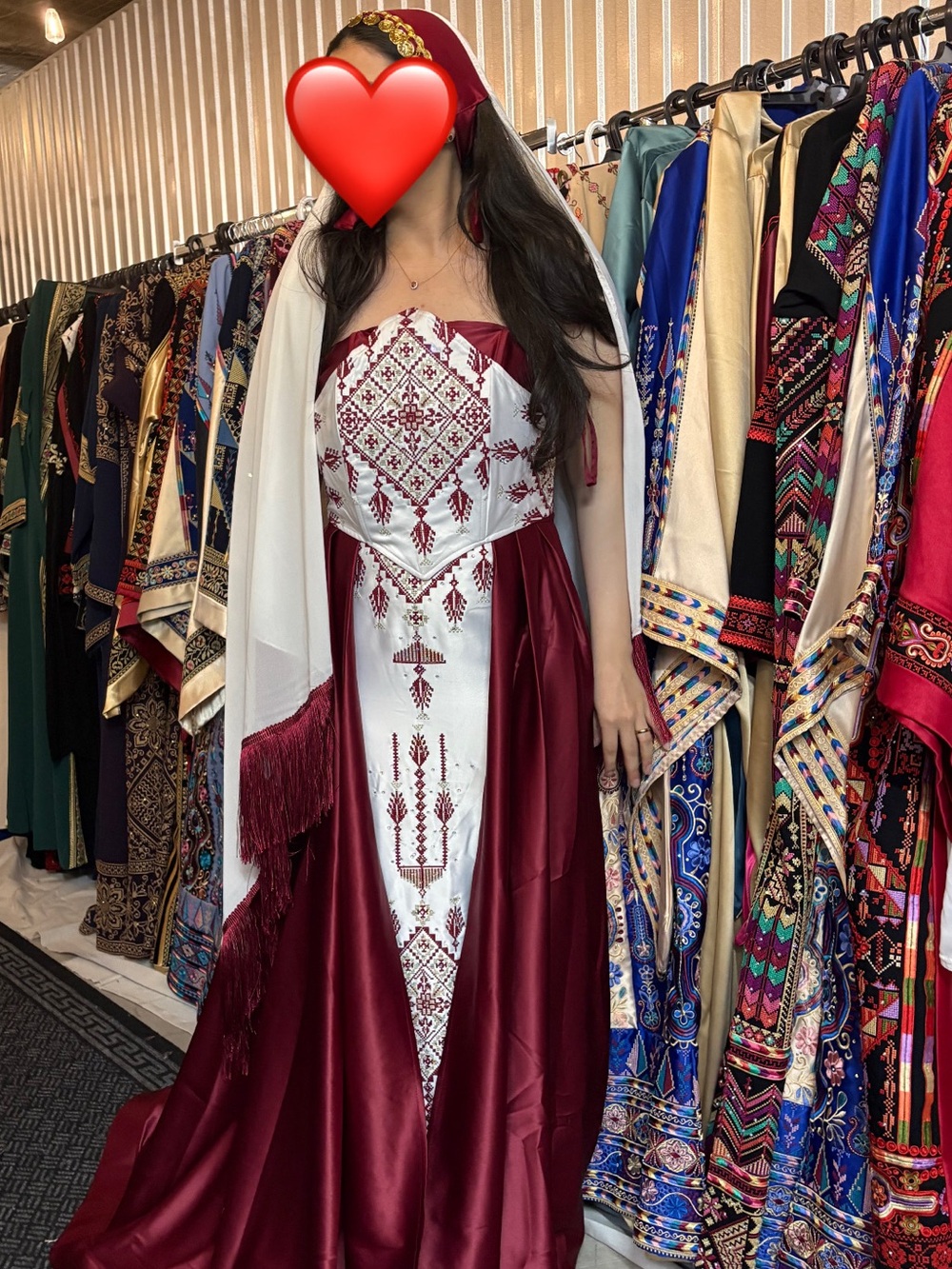 Embroidered Maroon and White Maxi Dress with Drape